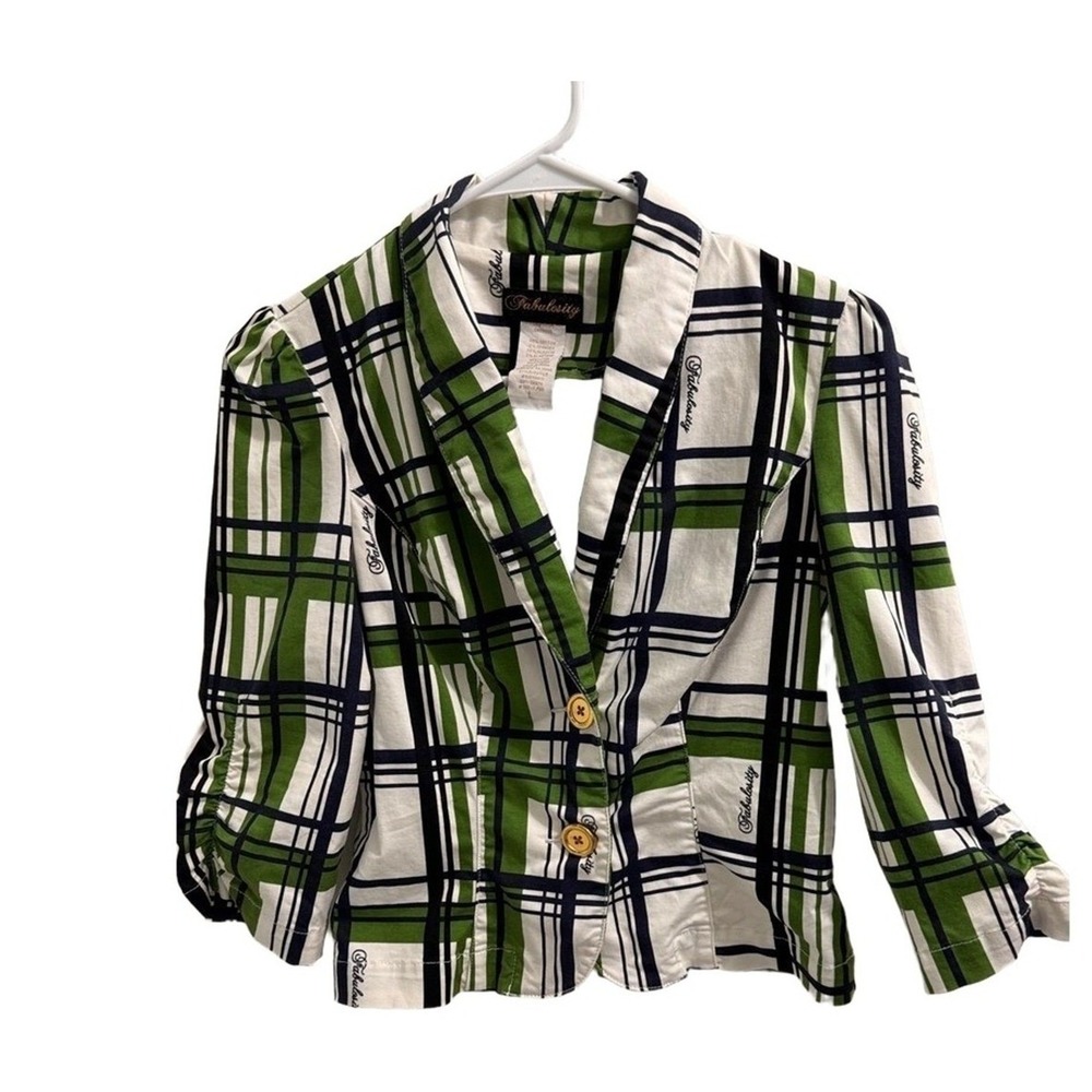 Fabulosity Blazer Women's L Vintage Green Navy Plaid Button Cotton Stretch Y2K - Picture 2 of 10